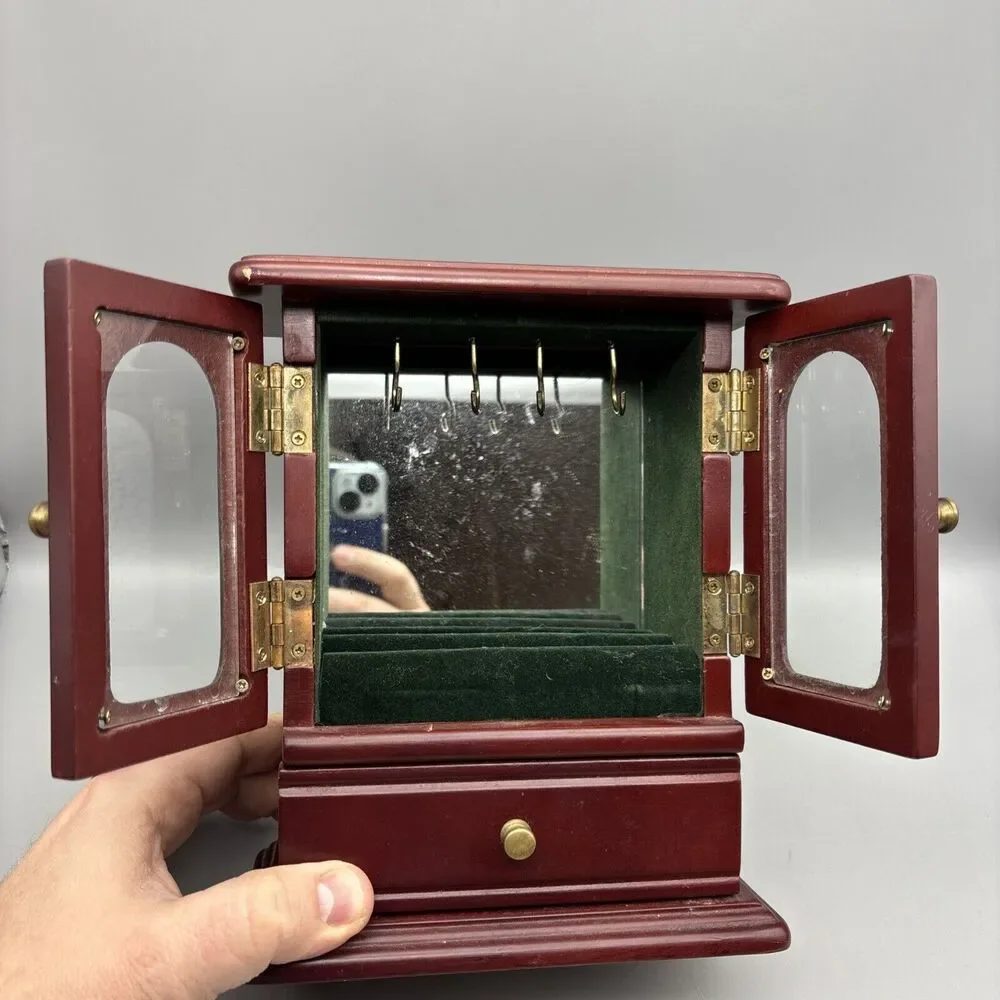 Vintage Wooden Jewelry Cabinet With Glass-like Doors & Drawer